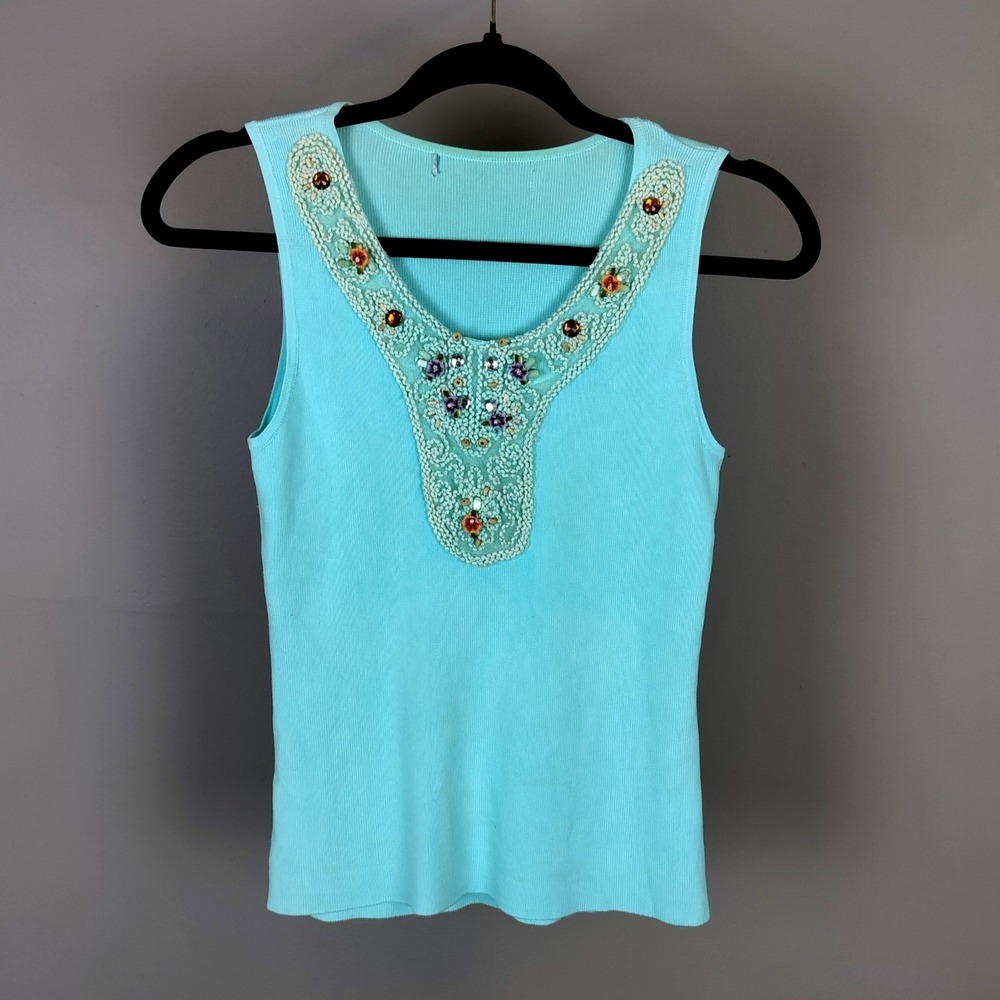Vintage Silk‎ Blend Crochet Embroidered Beaded Ribbed Knit Tank Top Womens Aqua